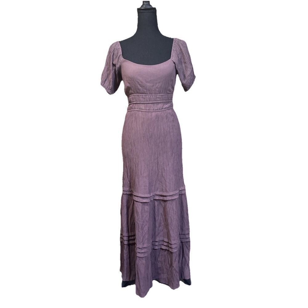 MAX + ASH Gauzy Tiered Maxi Dress Women Small Mauve Boho Cottagecore Peasant